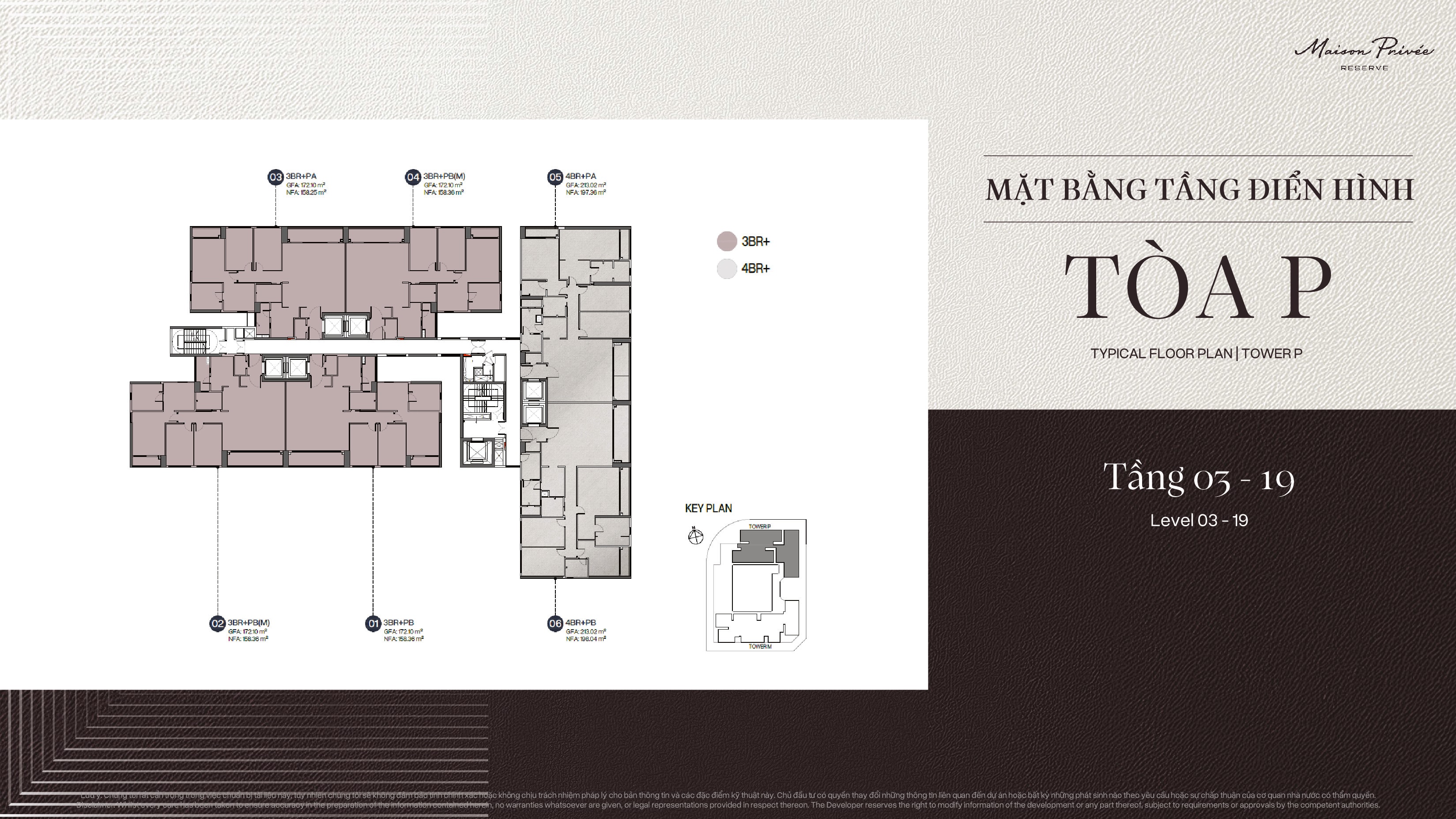 Mặt bằng Tower P cho các tầng 03 đến 19 với căn 3BR+ và 4BR+